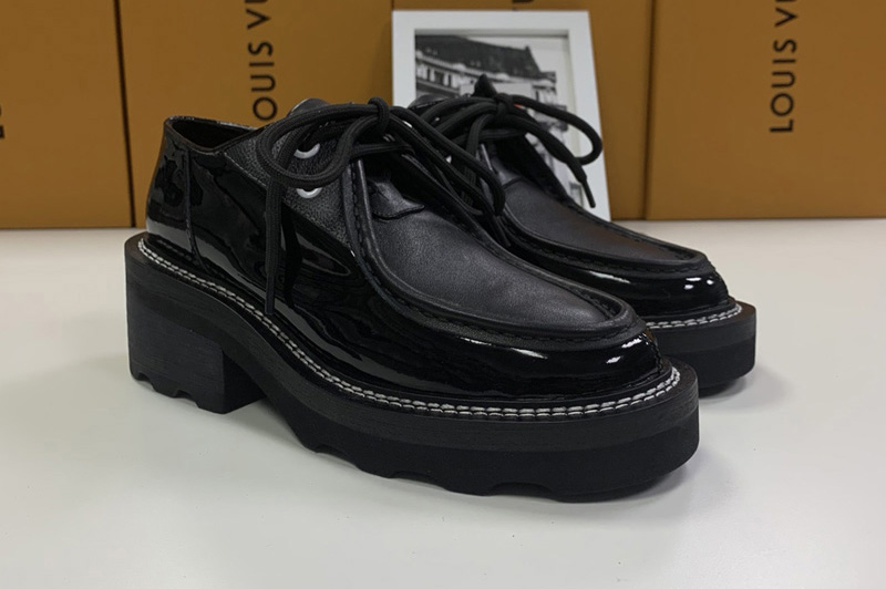 Women's Louis Vuitton 1A5SJG LV Beaubourg platform derby Shoes Damier Graphite Canvas and Black Calf Leather