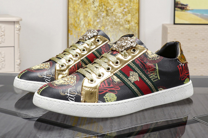 Men's Versace Sneaker and Shoes Black/Gold Leather With Print