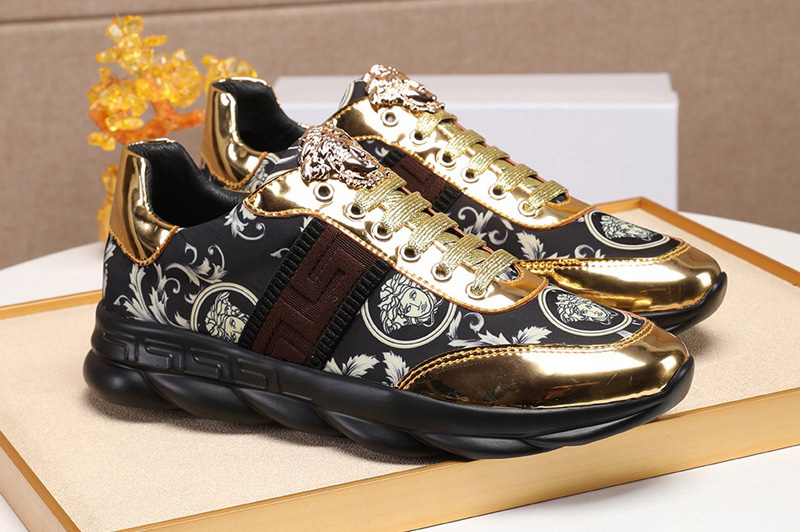 Men's Versace Sneaker and Shoes Black/Gold Leather with Web
