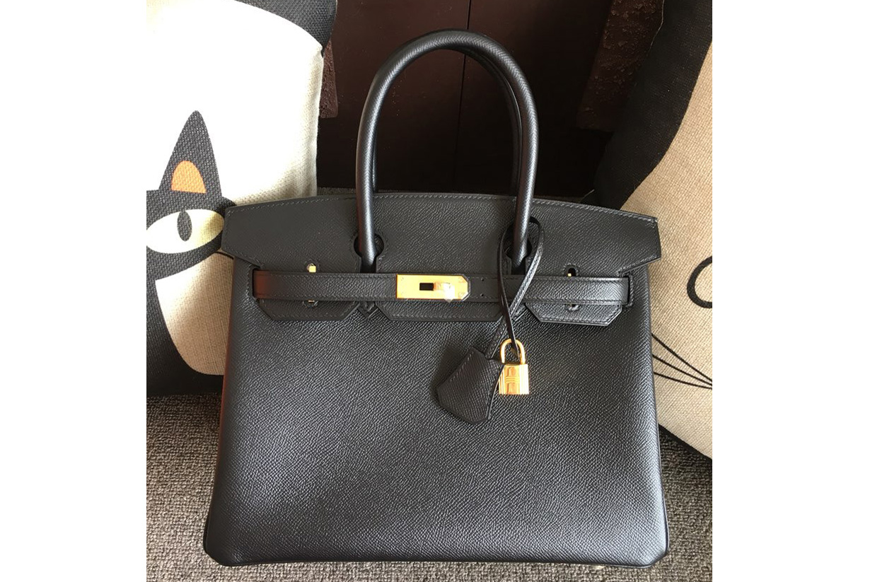 Hermes Birkin 30 Tote Bags Full Handstitched in Black Epsom Leather With Gold Buckle