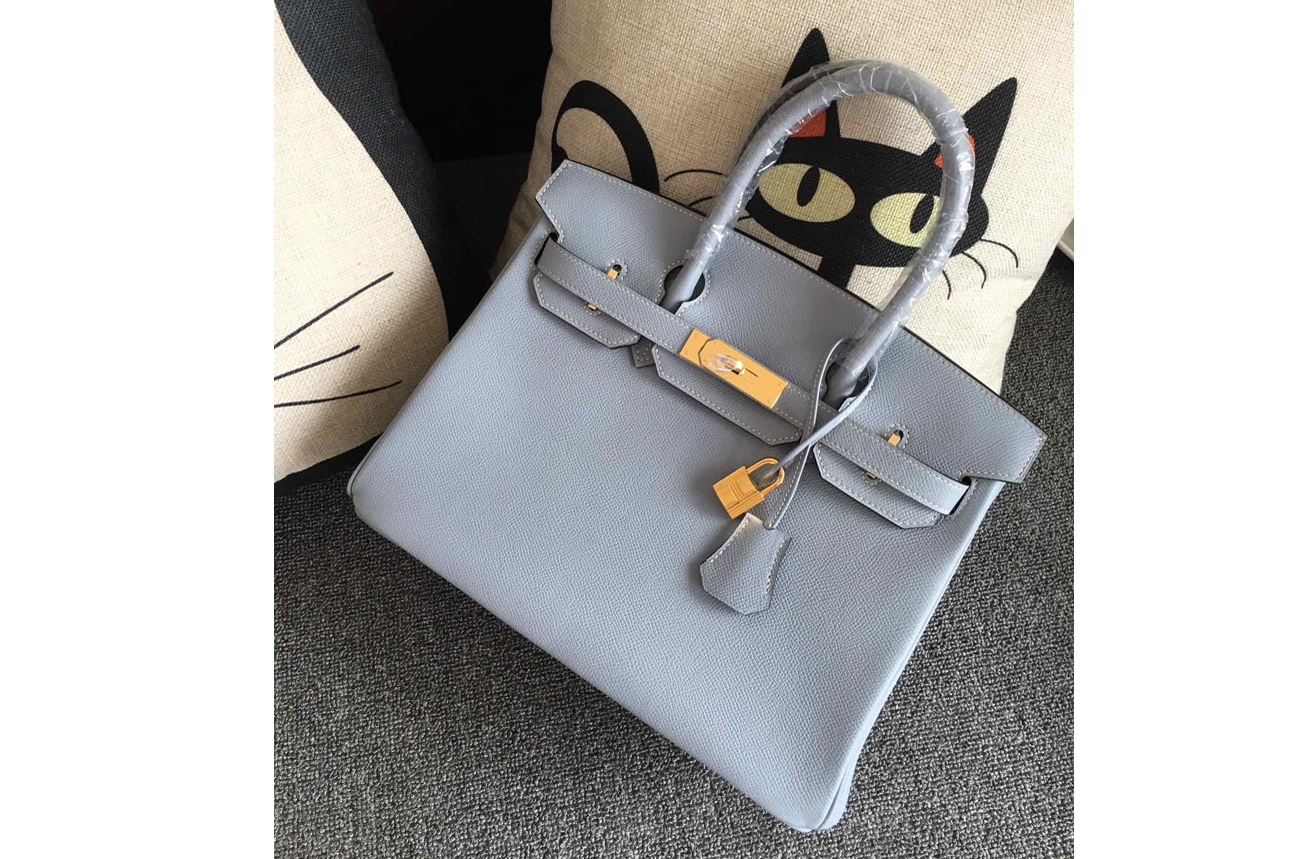 Hermes Birkin 30 Tote Bags Full Handstitched in Light Blue Epsom Leather With Gold Buckle