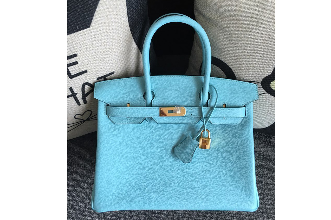 Hermes Birkin 30 Tote Bags Full Handstitched in Blue Epsom Leather With Gold Buckle