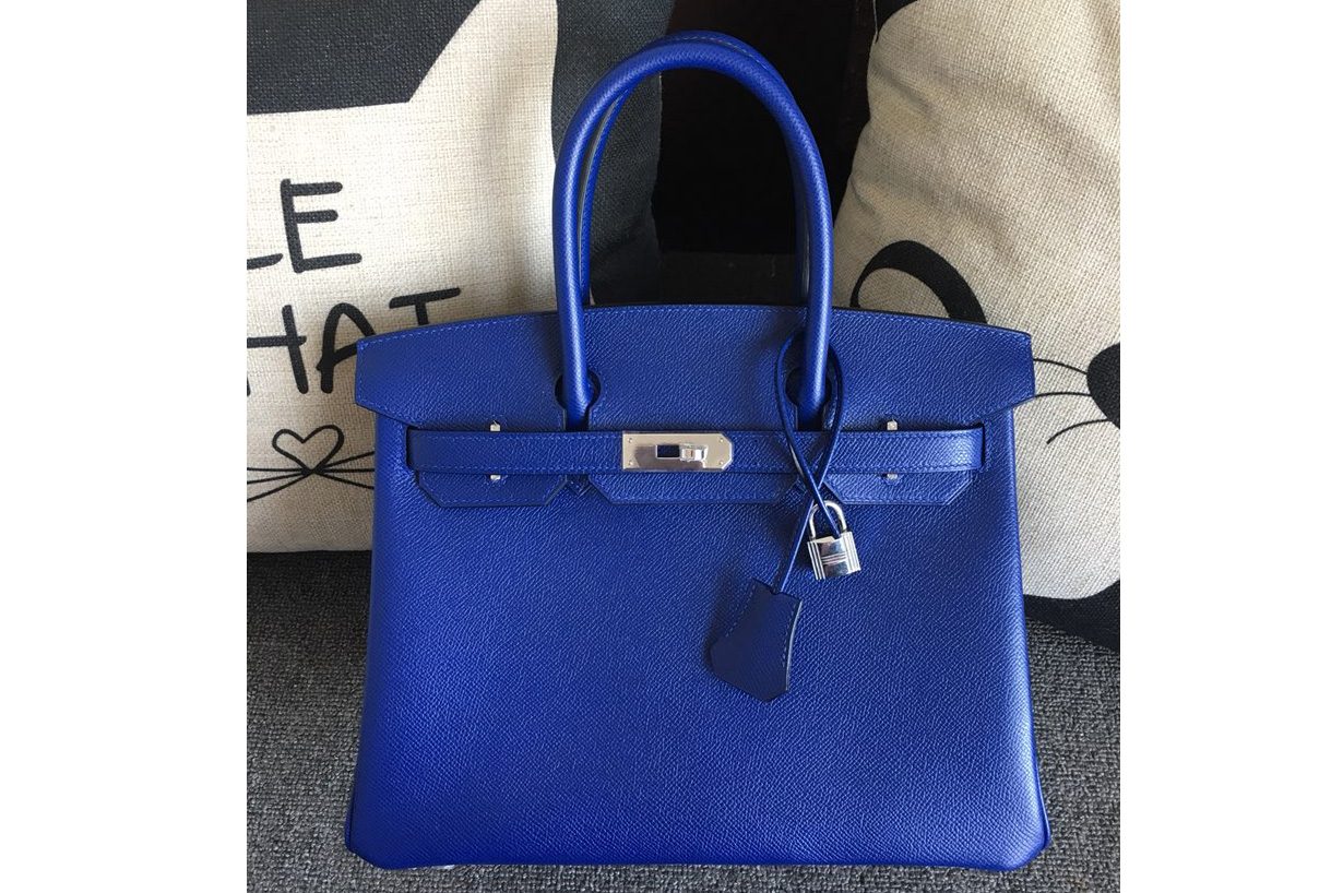 Hermes Birkin 30 Tote Bags Full Handstitched in Blue Epsom Leather With Silver Buckle