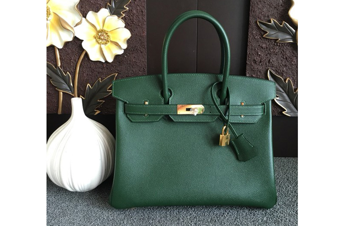 Hermes Birkin 30 Tote Bags Full Handstitched in Green Epsom Leather With Gold Buckle