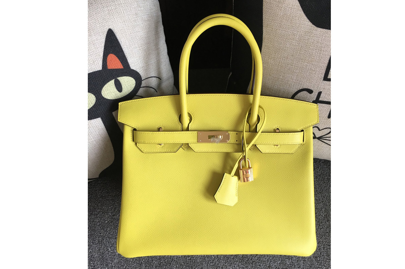 Hermes Birkin 30 Tote Bags Full Handstitched in Lemon Epsom Leather With Gold Buckle