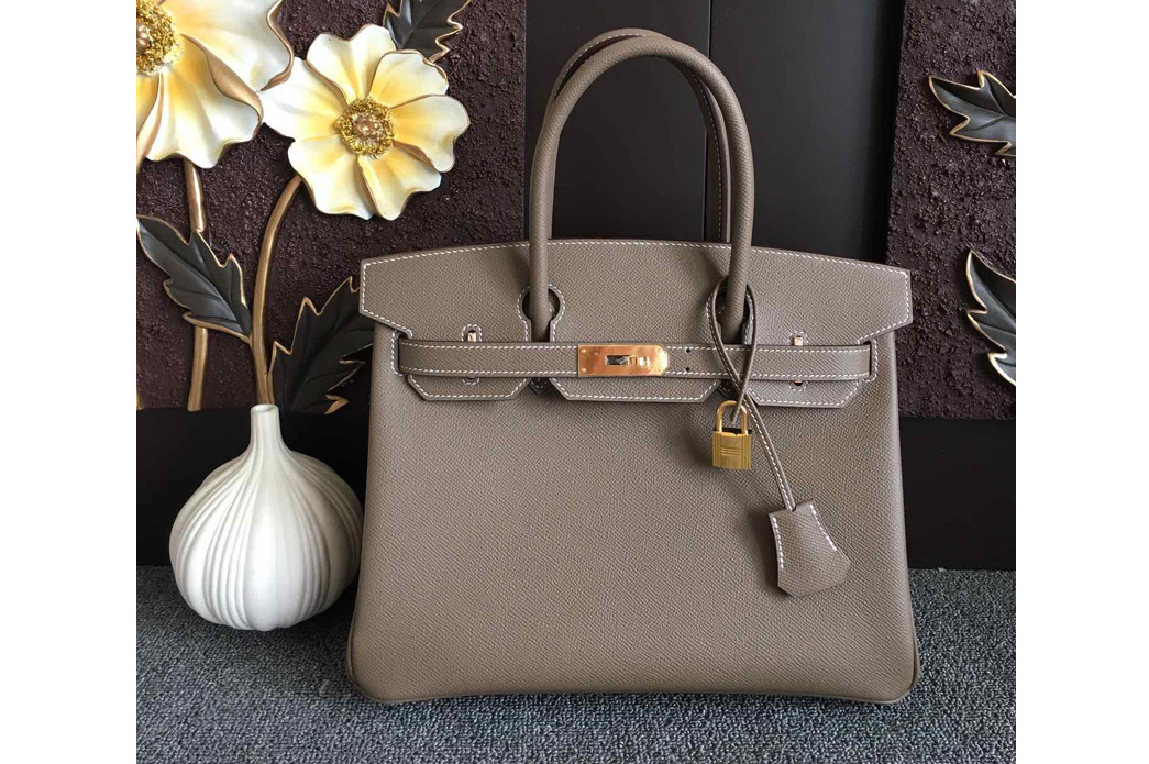 Hermes Birkin 30 Tote Bags Full Handstitched in Gray Epsom Leather With Gold Buckle