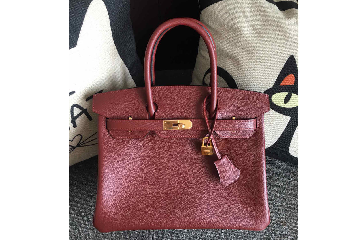 Hermes Birkin 30 Tote Bags Full Handstitched in Bordeaux Epsom Leather With Gold Buckle