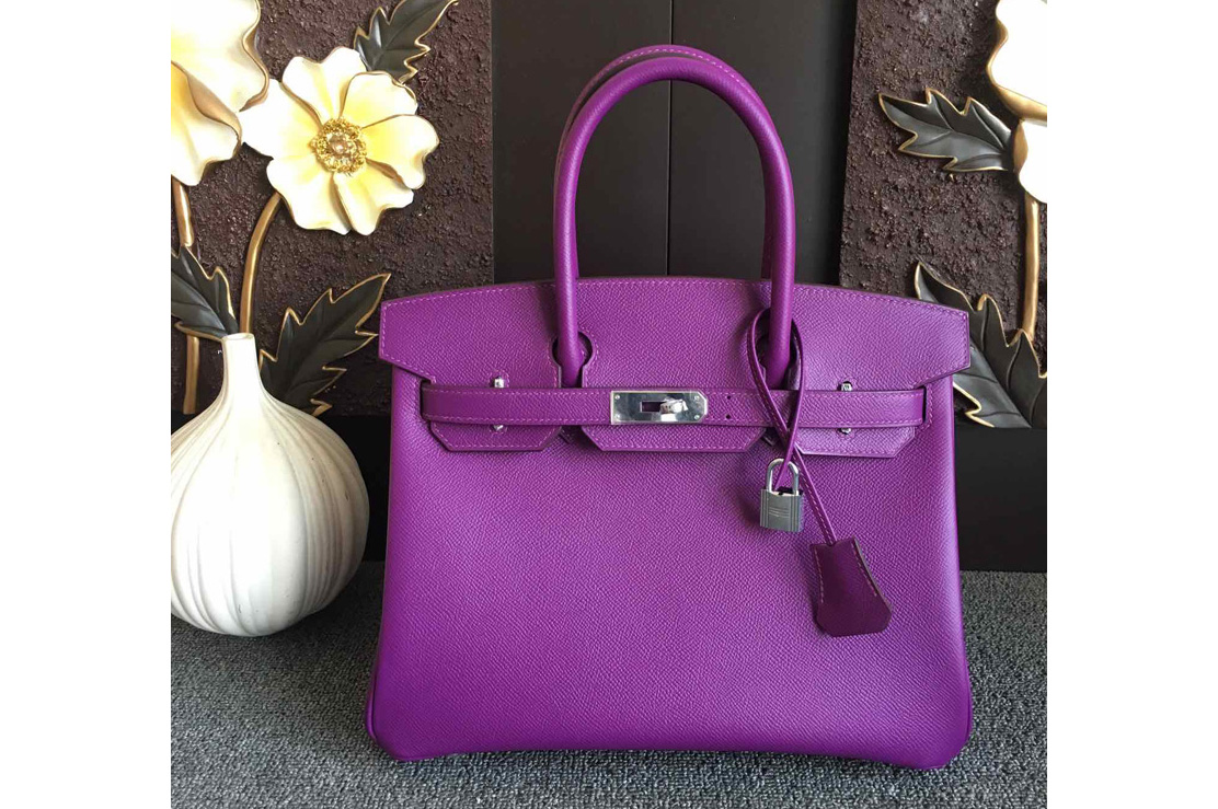 Hermes Birkin 30 Tote Bags Full Handstitched in Purple Epsom Leather With Silver Buckle