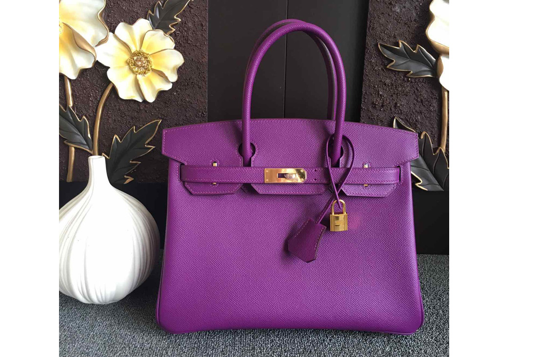 Hermes Birkin 30 Tote Bags Full Handstitched in Purple Epsom Leather With Gold Buckle