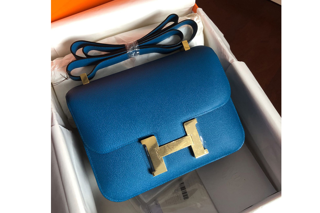 Hermes constance 24 Bag in Blue Epsom Leather with Gold Buckle