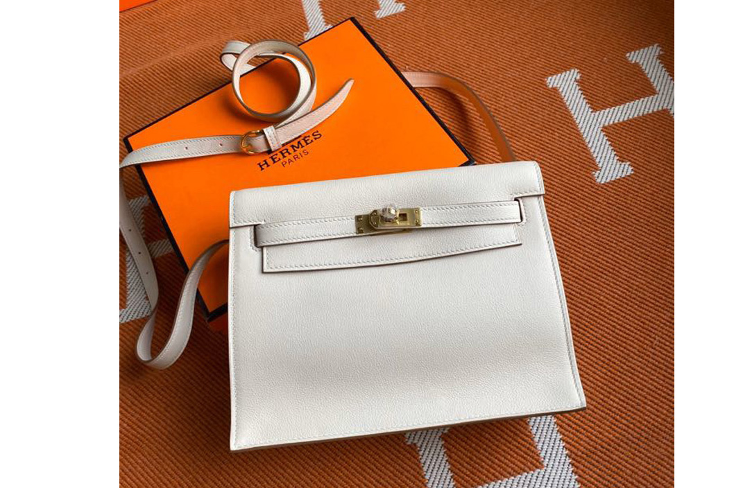 Hermes Kelly Danse 22cm Bag in White Evercolor Leather with Gold Buckle