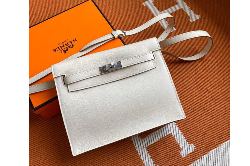 Hermes Kelly Danse 22cm Bag in White Evercolor Leather with Silver Buckle