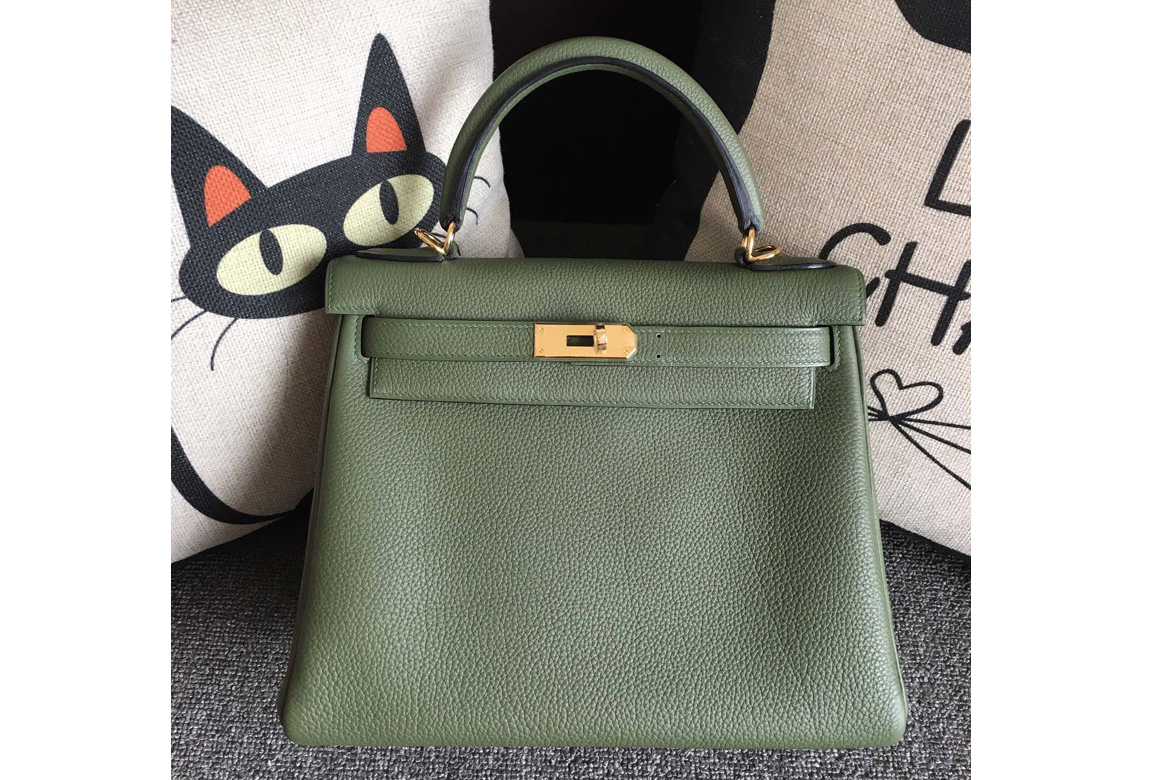 Hermes Kelly 28cm Bag Full Handmade in Original Green Togo Leather With Gold Buckle