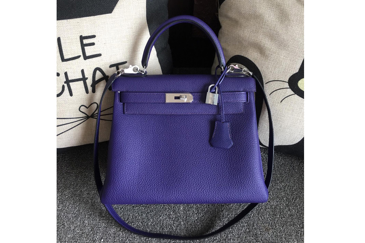 Hermes Kelly 28cm Bag Full Handmade in Original Blue Togo Leather With Silver Buckle