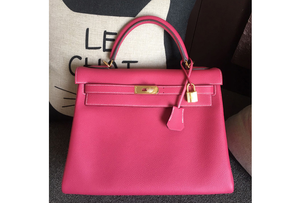 Hermes Kelly 28cm Bag Full Handmade in Original Raspberry Togo Leather With Gold Buckle