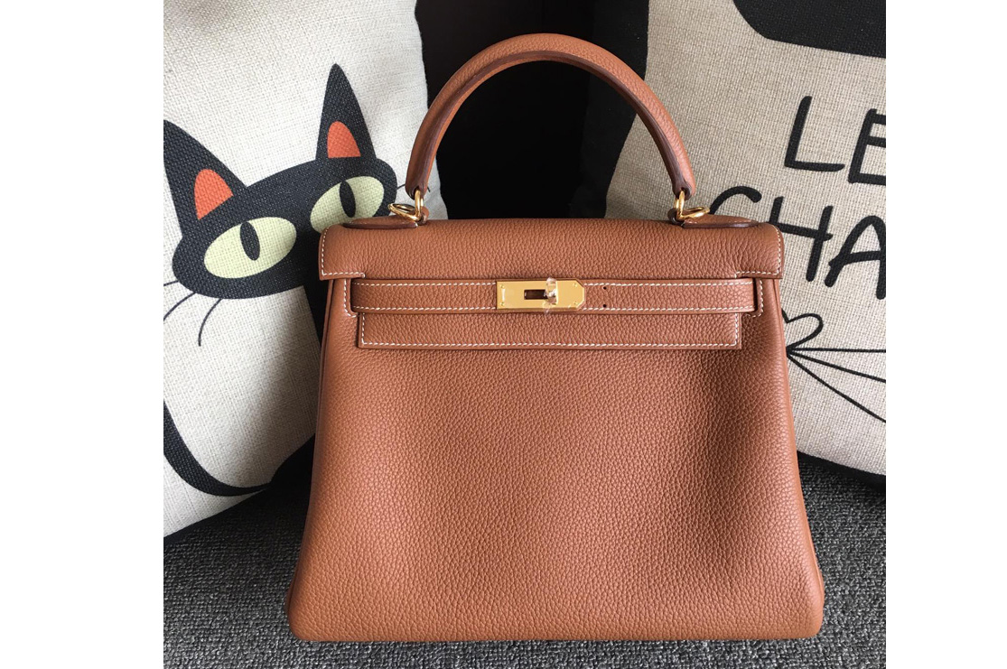 Hermes Kelly 28cm Bag Full Handmade in Original Brown Togo Leather With Gold Buckle
