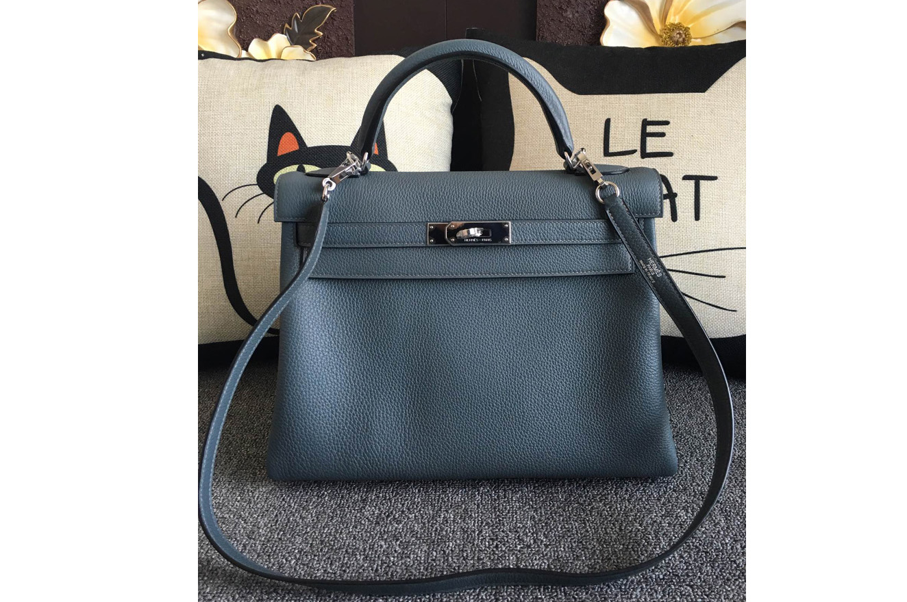 Hermes Kelly 28cm Bag Full Handmade in Original Navy Blue Togo Leather With Silver Buckle