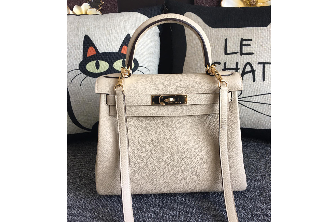 Hermes Kelly 28cm Bag Full Handmade in Original Cream Togo Leather With Silver Buckle