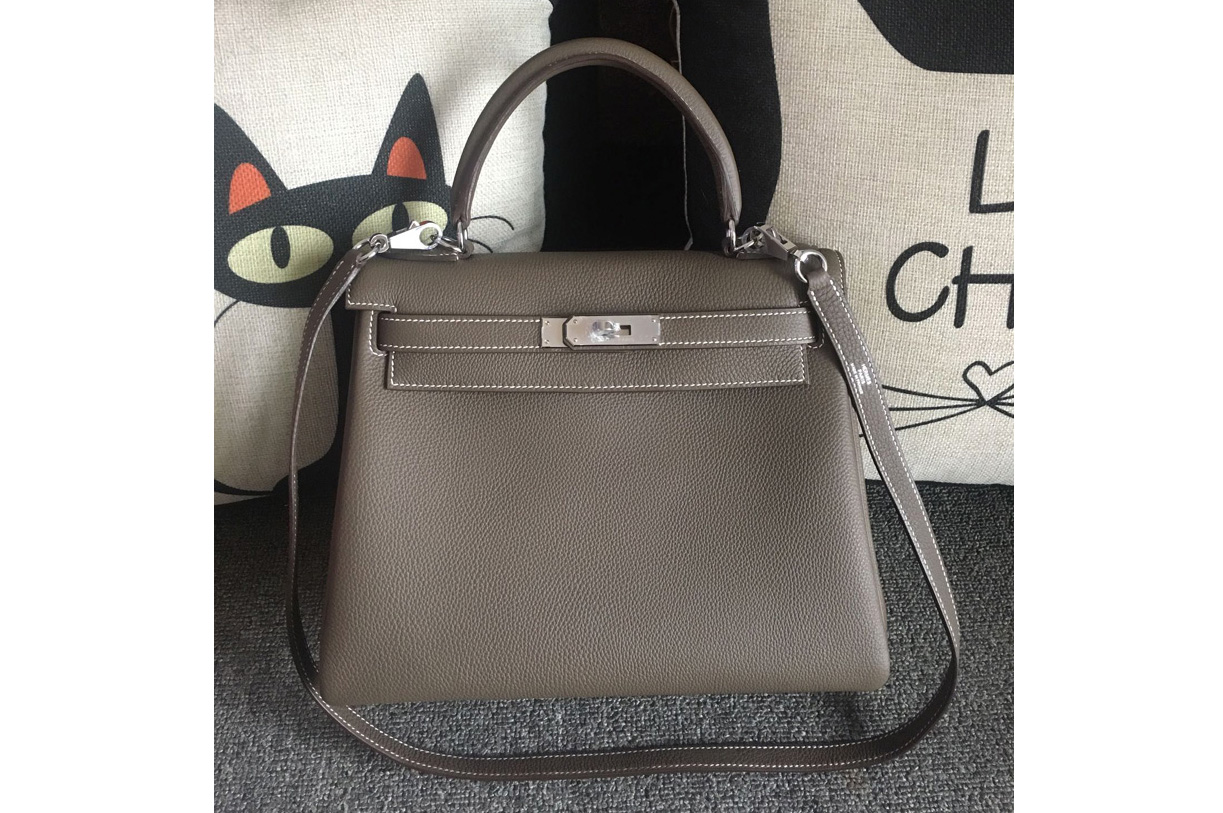 Hermes Kelly 28cm Bag Full Handmade in Original Gray Togo Leather With Silver Buckle