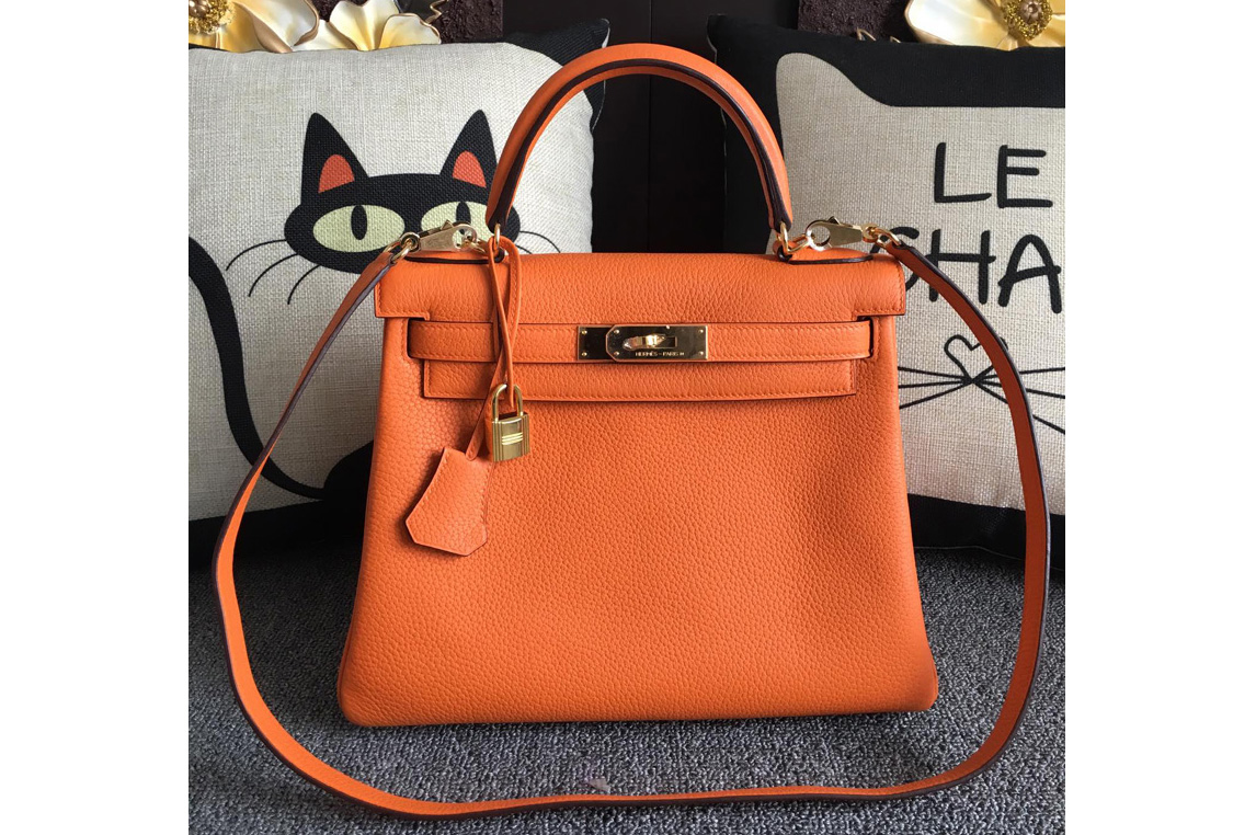 Hermes Kelly 28cm Bag Full Handmade in Original Orange Togo Leather With Gold Buckle