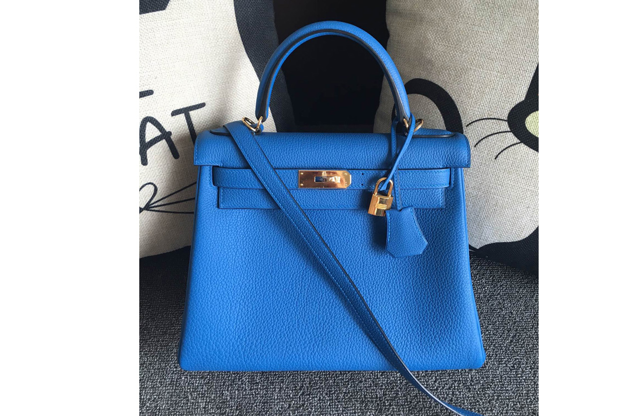 Hermes Kelly 28cm Bag Full Handmade in Original Blue Togo Leather With Gold Buckle