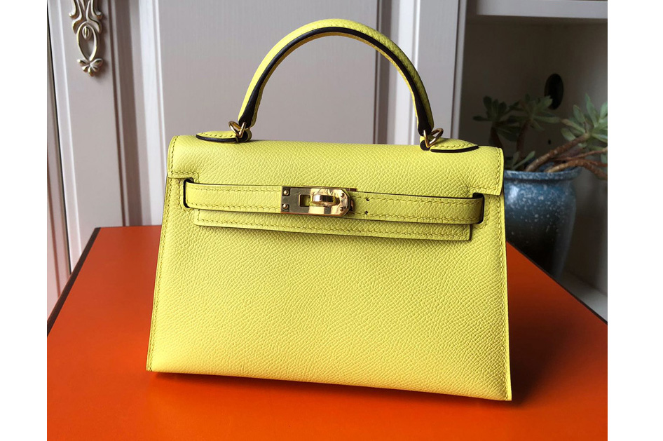Hermes Mini Kelly 19cm Bag Full Handmade in Lemon Epsom Leather With Gold/Silver Buckle
