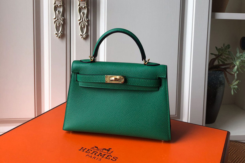 Hermes Mini Kelly 19cm Bag Full Handmade in Green Epsom Leather With Gold/Silver Buckle