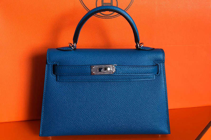 Hermes Mini Kelly 19cm Bag Full Handmade in Blue Epsom Leather With Gold/Silver Buckle