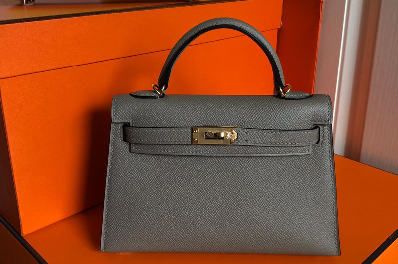Hermes Mini Kelly 19cm Bag Full Handmade in Dark Gray Epsom Leather With Gold/Silver Buckle