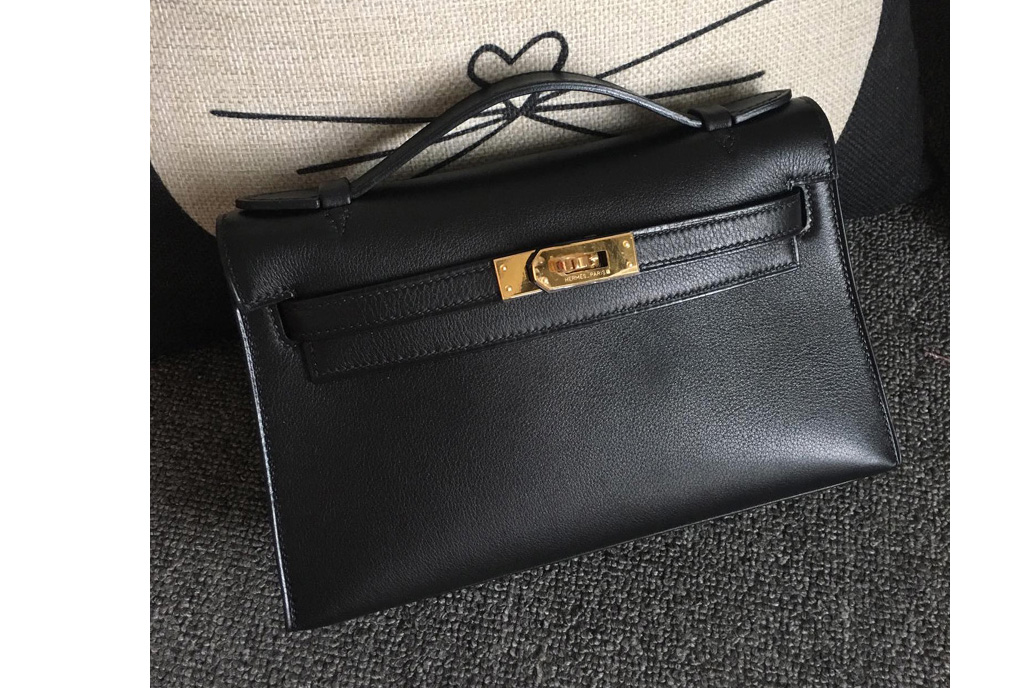 Hermes Mini Kelly 22cm Pochette Bag Full Handmade in Black Swift Leather With Gold Buckle