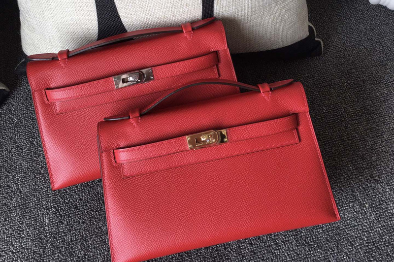 Hermes Mini Kelly 22cm Pochette Bag Full Handmade in Red Epsom Leather With Gold/Silver Buckle