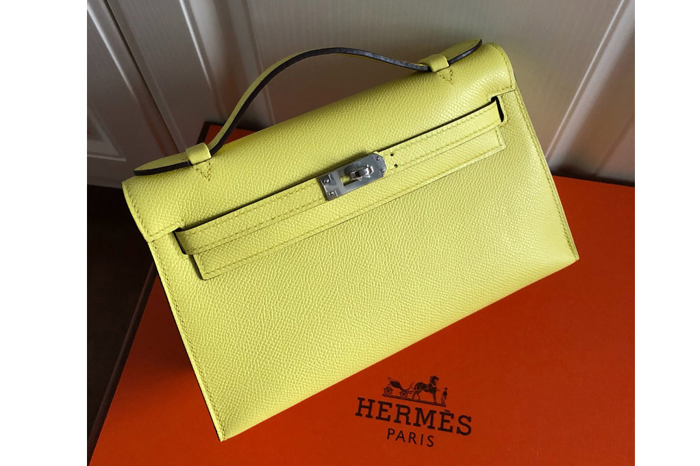 Hermes Mini Kelly 22cm Pochette Bag Full Handmade in Lemon Epsom Leather With Silver Buckle
