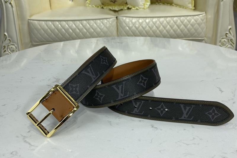 Louis Vuitton M0262V LV Reverso 40mm reversible belt in Monogram Eclipse and Khaki Green/Tan Brown With Gold Buckle