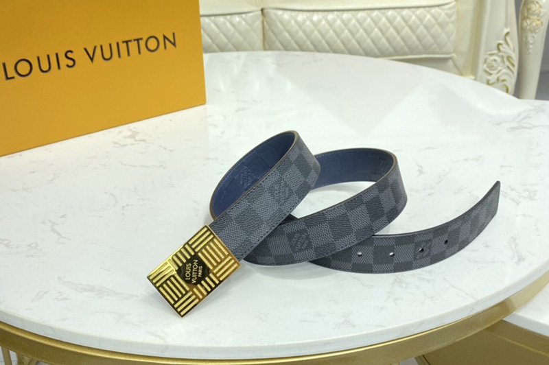 Louis Vuitton M0269U LV Damier Plate 35mm reversible belt in Damier Graphite/Navy Blue With Gold Buckle