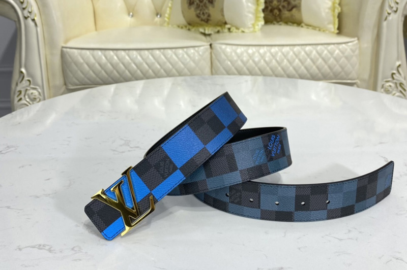 Louis Vuitton M0319U LV Initiales 40 MM reversible belt in Blue Damier Graphite canvas and calf leather With Gold Buckle
