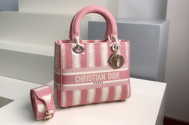 Christian Dior M0565 Dior Medium Lady d-lite bag in Pink D-Stripes Embroidery
