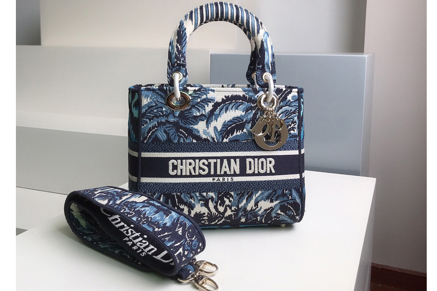 Christian Dior M0565 Dior Medium Lady d-lite bag in Blue Dior Palms Embroidery