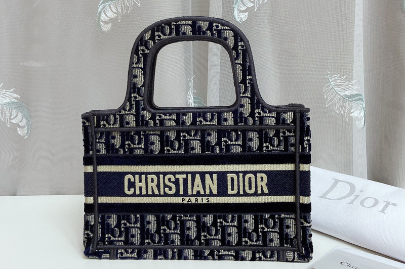 Christian Dior S5475 mini dior book tote bag in Blue Dior Oblique embroidered velvet
