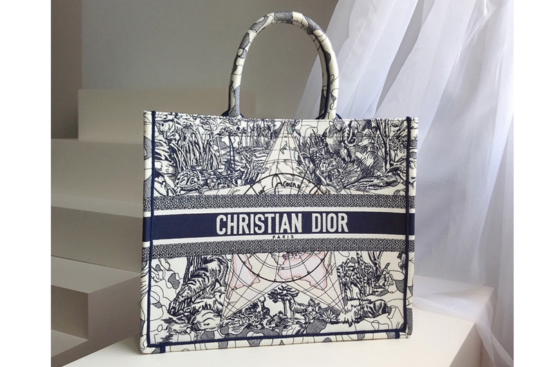 Christian Dior M1286 Dior Book Tote Bag in Blue Multicolor Dior Around the World Embroidery