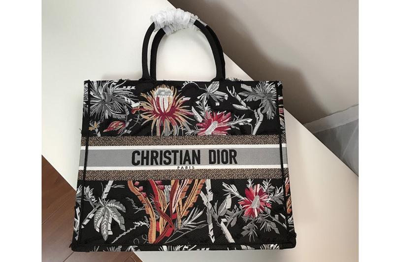 Dior M1286 Dior Book Tote Bag in Black Palm Tree Toile de Jouy Embroidery