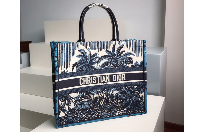 Christian Dior M1286 Dior book tote Bag in Blue Dior Palms Embroidery