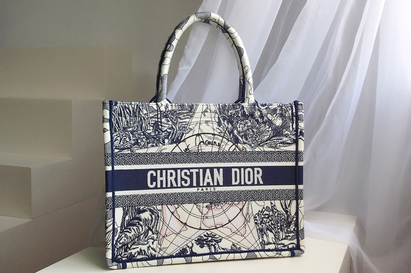 Christian Dior M1296 Small Dior Book Tote Bag in Blue Multicolor Dior Around the World Embroidery