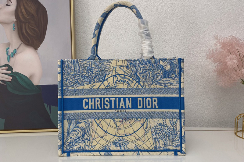 Christian Dior M1296 Small Dior Book Tote Bag in Blue Multicolor Dior Around the World Embroidery