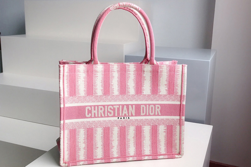 Christian Dior M1296 Small Dior Book Tote Bag in Pink D-Stripes Embroidery