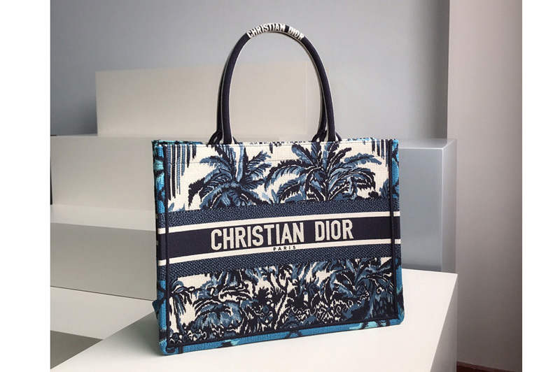 Christian Dior M1296 Small Dior Book Tote Bag in Blue Dior Palms Embroidery