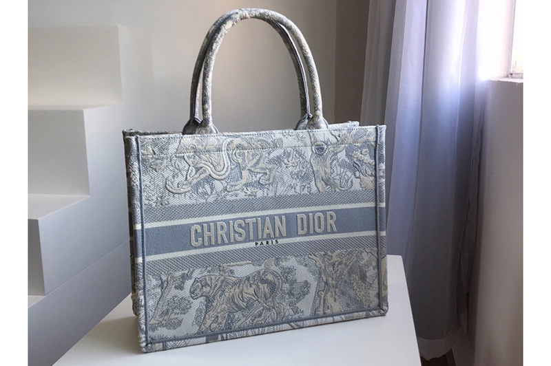 Christian Dior M1296 Small Dior Book Tote Bag in Gray Toile de Jouy Embroidery