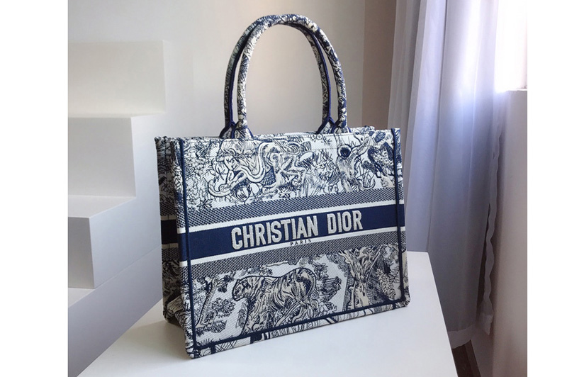 Christian Dior M1296 Small Dior Book Tote Bag in Blue Toile de Jouy embroidery