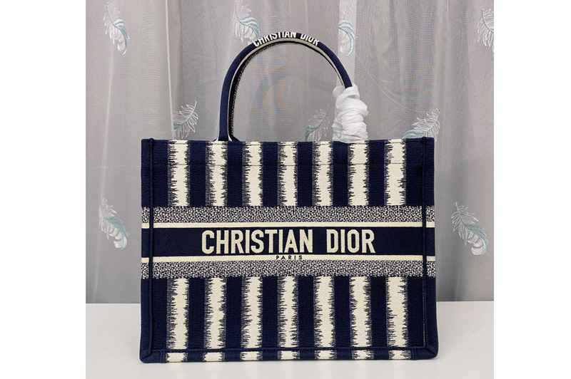 Christian Dior M1296 Small Dior Book Tote Bag in Blue D-Stripes Embroidery