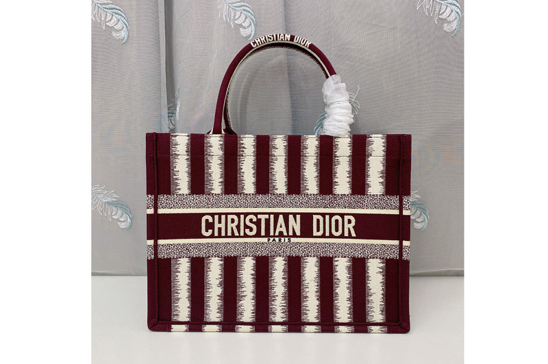 Christian Dior M1296 Small Dior Book Tote Bag in Burgundy D-Stripes Embroidery