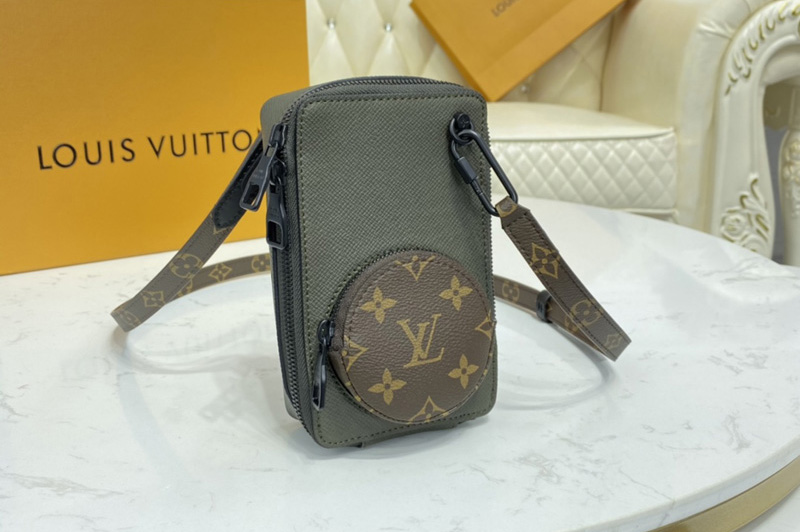 Louis Vuitton M30581 LV Phone Box Bag In Khaki Green Taiga embossed cowhide leather